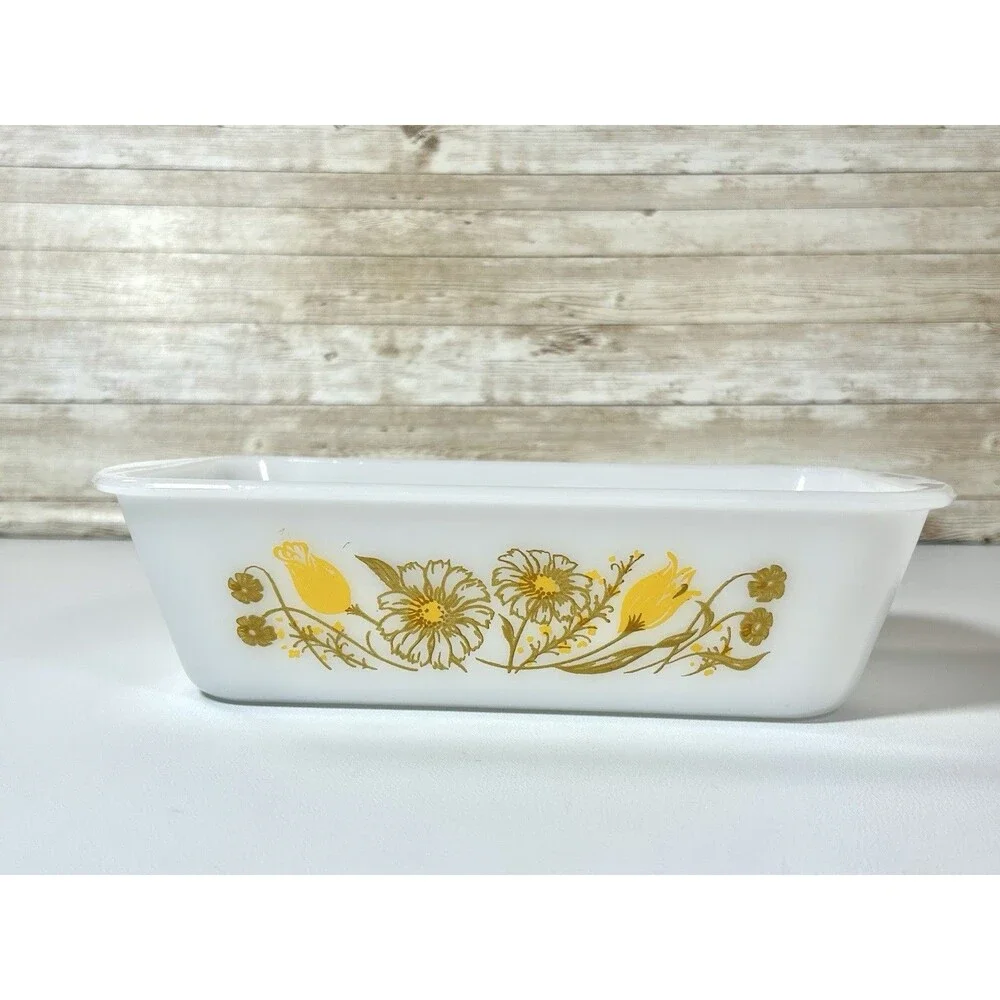 Vintage Glasbake White Glass Yellow / Brown Daisies Baking Loaf Pan Dish